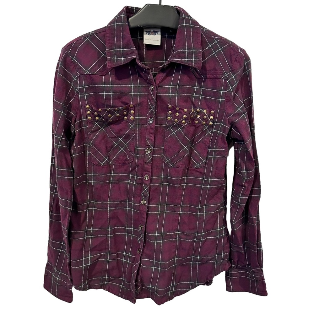 Harley Davidson Flannel Plaid Studded Embroidered Button Up Shirt Size small y2k